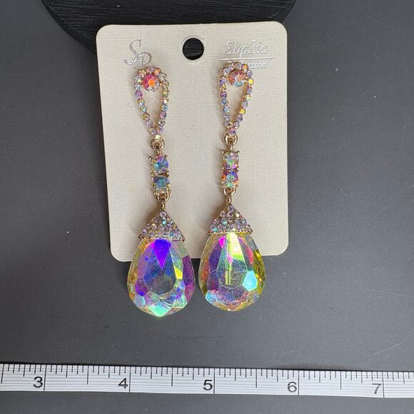 Crystal AB Aurora Borealis Statement Dangle Earrings Pierced Glass 3" - Picture 3 of 3